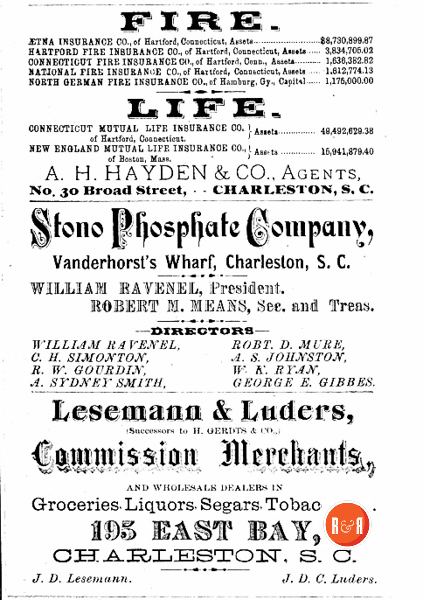 The firm of Lesemann & Luders operated from this location in 1882 - Sholes' Directory of the City of Charleston - 1882