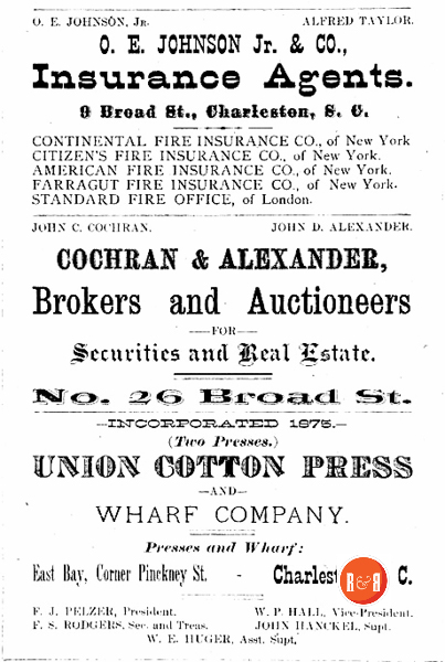 Mr. Rodgers was also a director of the Union Cotton Press Company. Sholes' Directory of the City of Charleston - 1882