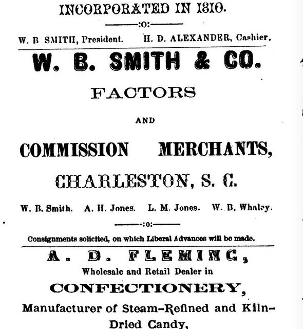 Note that the ad also lists W.B. Smith as a major factor in Charleston, S.C. – 1872