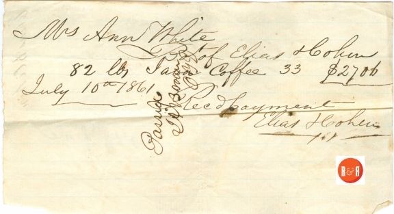 Mrs. Ann H. White of Rock Hill, S.C. often ordered items from Charleston.  In this case she purchased 82 lbs of coffee in 1861 from the firm of Elias and Cohen.  Mr. Cohen was an important merchant banker in Charleston’s antebellum society.
