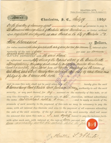 A bank loan of $5,000. was secured by Hattie L. White (widow of Andrew H. White), on the Bank of Charleston in 1905.
