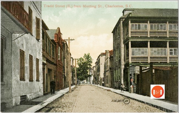 Early 20th century postcard looking down the Tradd St., side of the Marshall home at 60 Meeting Street. (FBC)