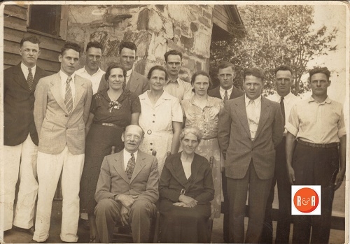 Carroll family reunions were routinely held at the Carroll homeplace and images often taken with the handsome stone chimney in the background – 1938