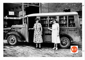 A 1938 image of the first Chester Co., Library mobile library. Pictured are: Daisy Bonning and Mrs. Laverne McLane, librarian. Courtesy of the Pettus Archives at Winthrop University - 2014