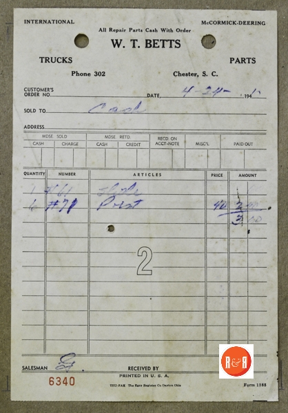 Receipt from W.T. Betts, 194? Courtesy of the Patrick – Russell Collection, 2016