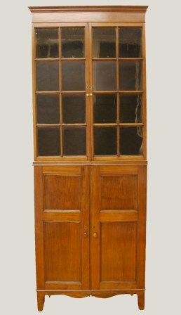 Furniture attributable to Wm. Binchback of Chester, S.C., ca. 1800-1810. Upon auctioning off the contents of this dwelling in in ca. 2008, the top section of one of the three Chester Flatback cupboards was identified and acquired for preservation. Though the section had minor alterations, it matched the other cupboard of the same Chester origins.