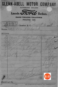 Receipt for parts via Patrick's of Woodward, S.C. Courtesy of the Russell Collection - 2015