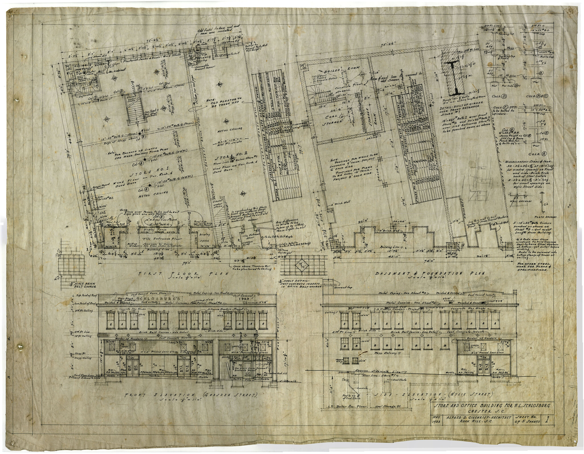Architectural plans by A.D. Gilchrist of Rock Hill, S.C. - Courtesy of the WU Pettus Archives Collection, 2024