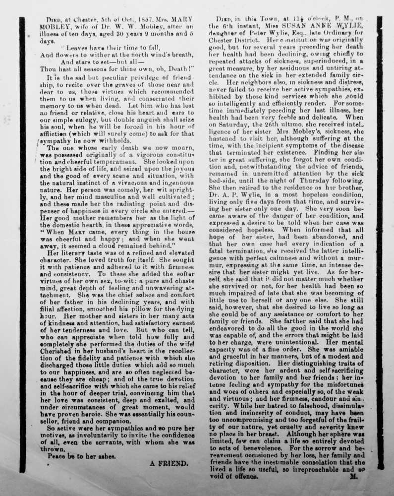 1857 NEWSPAPER OF MRS. W.W. 