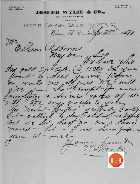 A letter to Mr. Ellison Osborne of Cabal, S.C. on the Wylie Company letterhead – 1890.