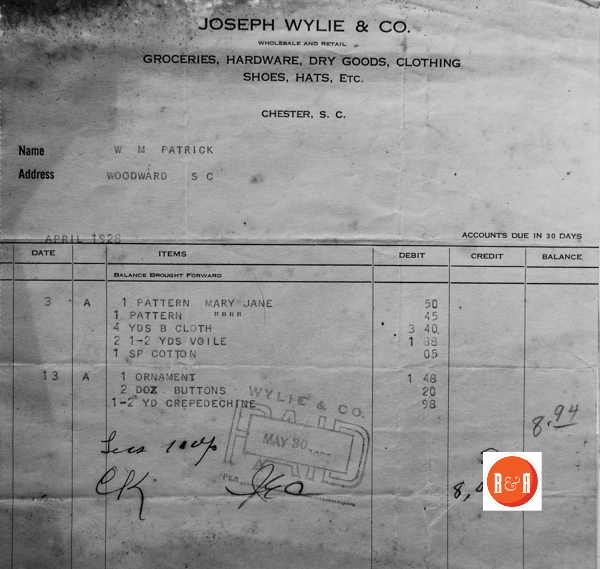 Invoice from the Joseph Wylie Co., to W.W. Patrick of Woodword, S.C. Courtesy of the Russell Collection – 2015