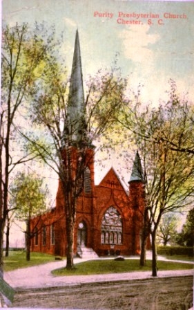 Postcard view of Purity Presbyterian Church, Chester, SC Courtesy of the Wingard Postcard Collection – 2012