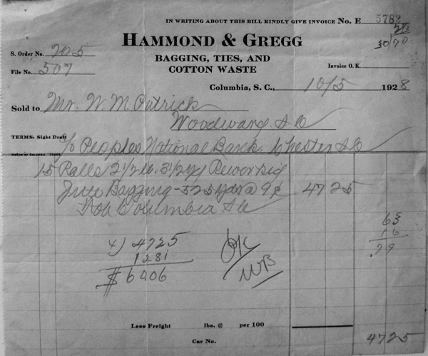 Another receipt from the Hammond and Gregg Co., dealing with the People’s Bank in Chester, S.C.