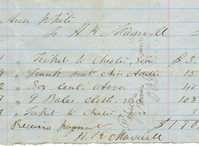 In the fall of 1865, Mrs. Ann White of Rock Hill incurred the bill for a ticket to Chester, S.C. and shipment of cloth. Courtesy of the White Family Collection – 2008