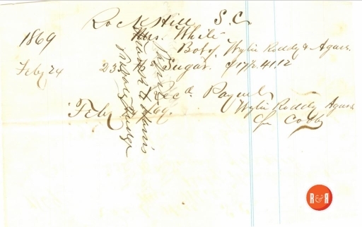 Mrs. Ann H. White of Rock Hill purchased 235 lbs. of sugar from the Wylie, Roddey and Agurs Co., of Chester and had it shipped to Rock Hill, S.C. This was just prior to Mr. Roddey withdrawing from the firm to open his successful business empire in Rock Hill. Courtesy of the White Family Collection