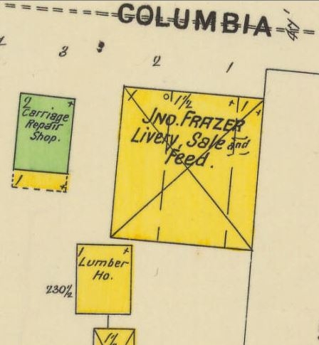 1898 – Sanborn Map Diagram of the Jno. Frazer Livery on the South side of Columbia Street.