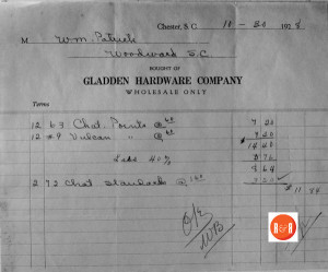 Chester's Gladden Hardware Company was selling items to W.M. Patrick of Woodward, S.C. in 1928. It is unclear as to the location of the Gladden Hardware Company. Courtesy of the Patrick - Russell Collection.