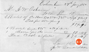 Sale of cotton in Columbia, S.C. by A.W. Osborne dated 1850. Note the movement of goods up and down the Broad River was common. He also purchased sugar which was charged against his account. Courtesy of the Osborne - Powell Collection, 2014