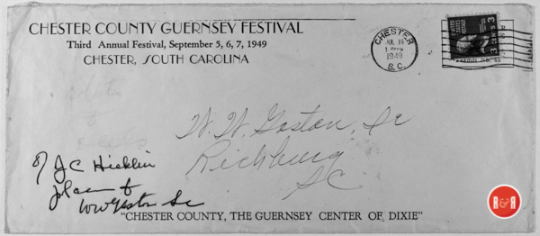 Envelope send to W.W. Gaston in Richburg, S.C. concerning the Guernsey Festival of Chester, S.C. , which the Gastons participated in, as did, many other Chester diary farmers. See Guernsey Parade images under the Stringfellow page.
