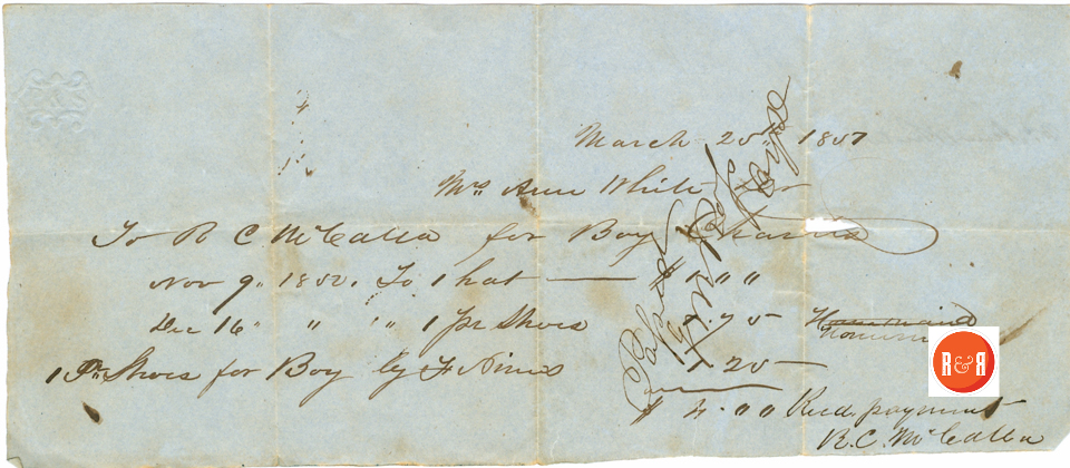 Payment of $4. by Ann H. White to R.C. McCalla - 1851