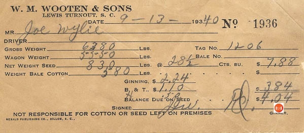 W.M. Wooten and Sons had their ginning operation at the whistle stop called Lewis Turnout not far from their home. The Wylie family had their cotton ginned at this location.