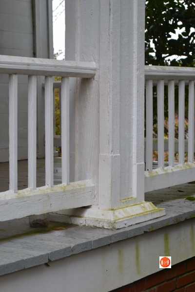 Detailed view of the front columns on the Mills-Hicklin home.