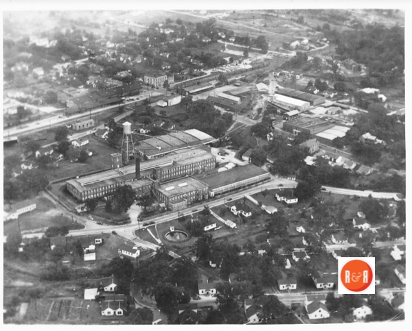 The historic Myers or Mitchell Hotel can be seen on the corner of the railroad line and Lancaster street in the top center of this 1948 aerial image.  Courtesy of the Oliphant Family Collection – 2016