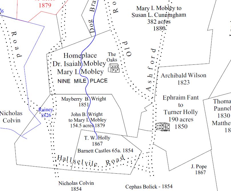 Section of the Heritage Plat Map by Mayhugh, showing the location of the Mobley and Holly plantation houses about nine miles south of Chester, S.C.