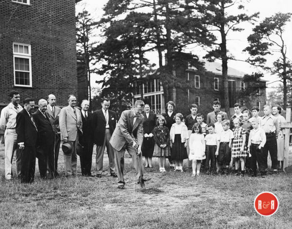 Mr. Brice Waters served as administrative director of Winthrop University. In the late 1950s, during which time this image was taken of the ground breaking for WTS's new gym, Mr. Waters is pictured 6th from the left.  Courtesy of the WU Pettus Archives - 2012