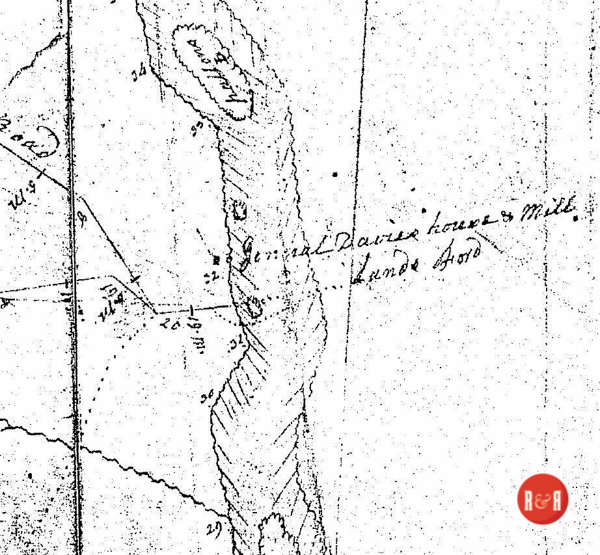 Charles Boyd's 1818 Map of Landsford showing the location of the Davie House and Mill at Landsford.  Courtesy of the Mayhugh Collection - 2018