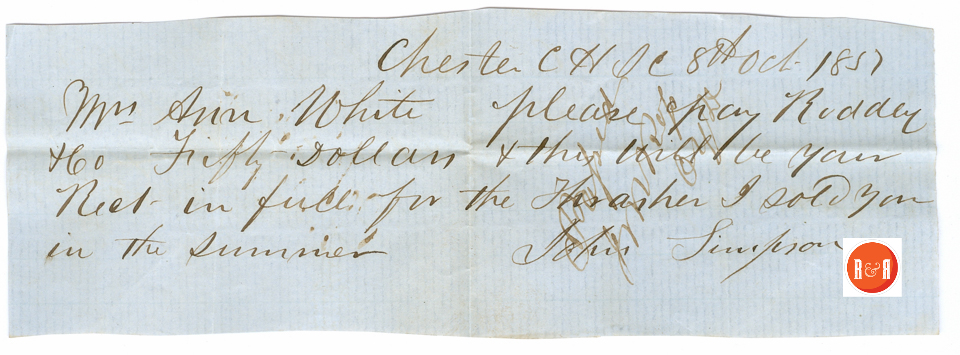 ANN H. WHITE'S PAYMENT FOR THRASHER PURCHASED FROM JOHN SIMPSON - 1857