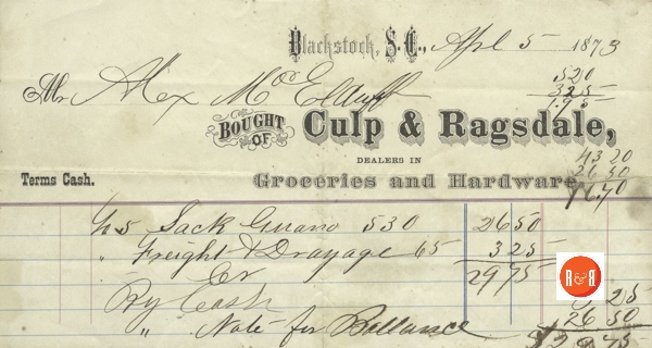 Bill from the Culp and Ragsdale store in Blackstock, S.C. Courtesy of the Mayhugh Collection - 2013