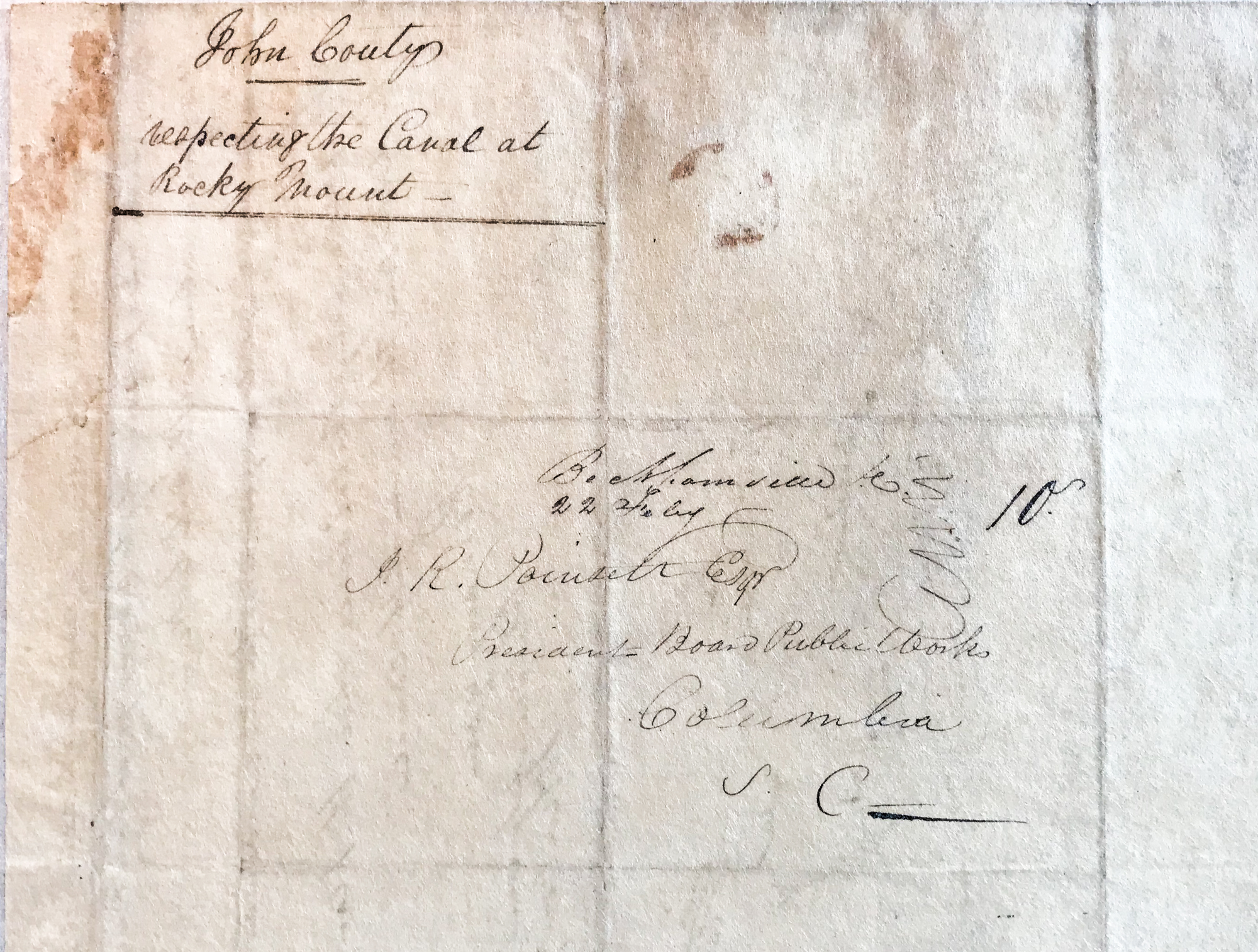RELATED CORRESPONDENCE FROM THE SC PUBLIC WORKS - JOHN COUTY TO J.R. POINSETT