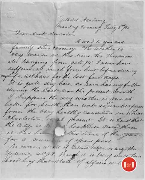 Letter to Amanda Wylie, wife of Dr. Wm. Wylie, at Lewisville on July 3, 1854 from Lafayette Strait who was at the Citadel in Charleston, S.C. Courtesy of the JMG Collection - 2019