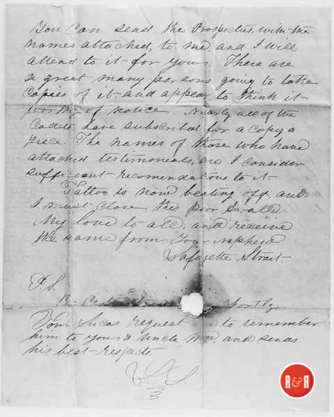 Letter to Amanda Wylie, wife of Dr. Wm. Wylie, at Lewisville on July 3, 1854 from Lafayette Strait who was at the Citadel in Charleston, S.C.  Courtesy of the JMG Collection - 2019