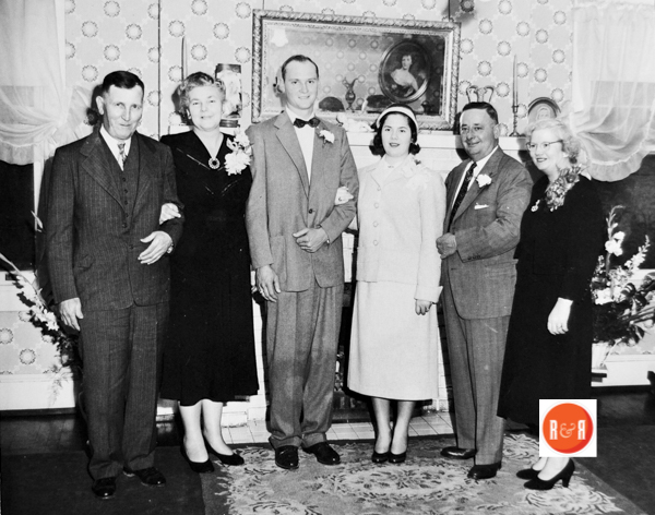 Left - Right: Mr. and Mrs. Jack Chappell, Pete Chappell and Harvey Sue Chappell, Mr. and Mrs. Harvey Neely.  Image of the new couple taken at the Rock Hill Pres. Manse on Main Street.