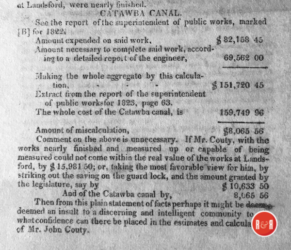 1822 Newspaper notification of the costs associated with the Catawba or Fishing Creek Canal - Courtesy of the S.C. Dept. of Archives and History