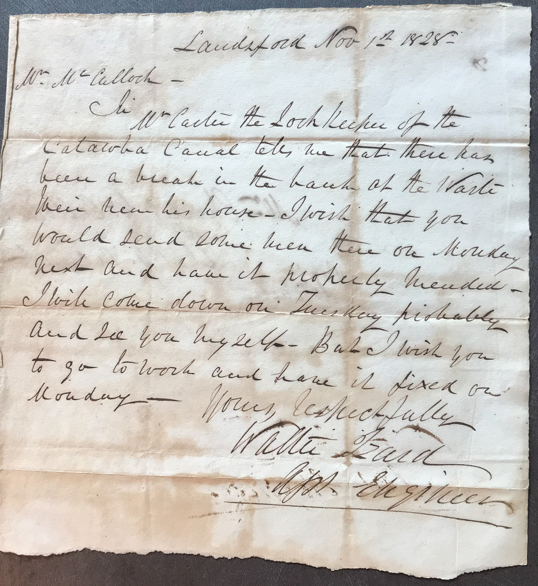 WM. CARTER'S REQUEST FOR REPAIRS @ FISHING CREEK CANAL - 1828