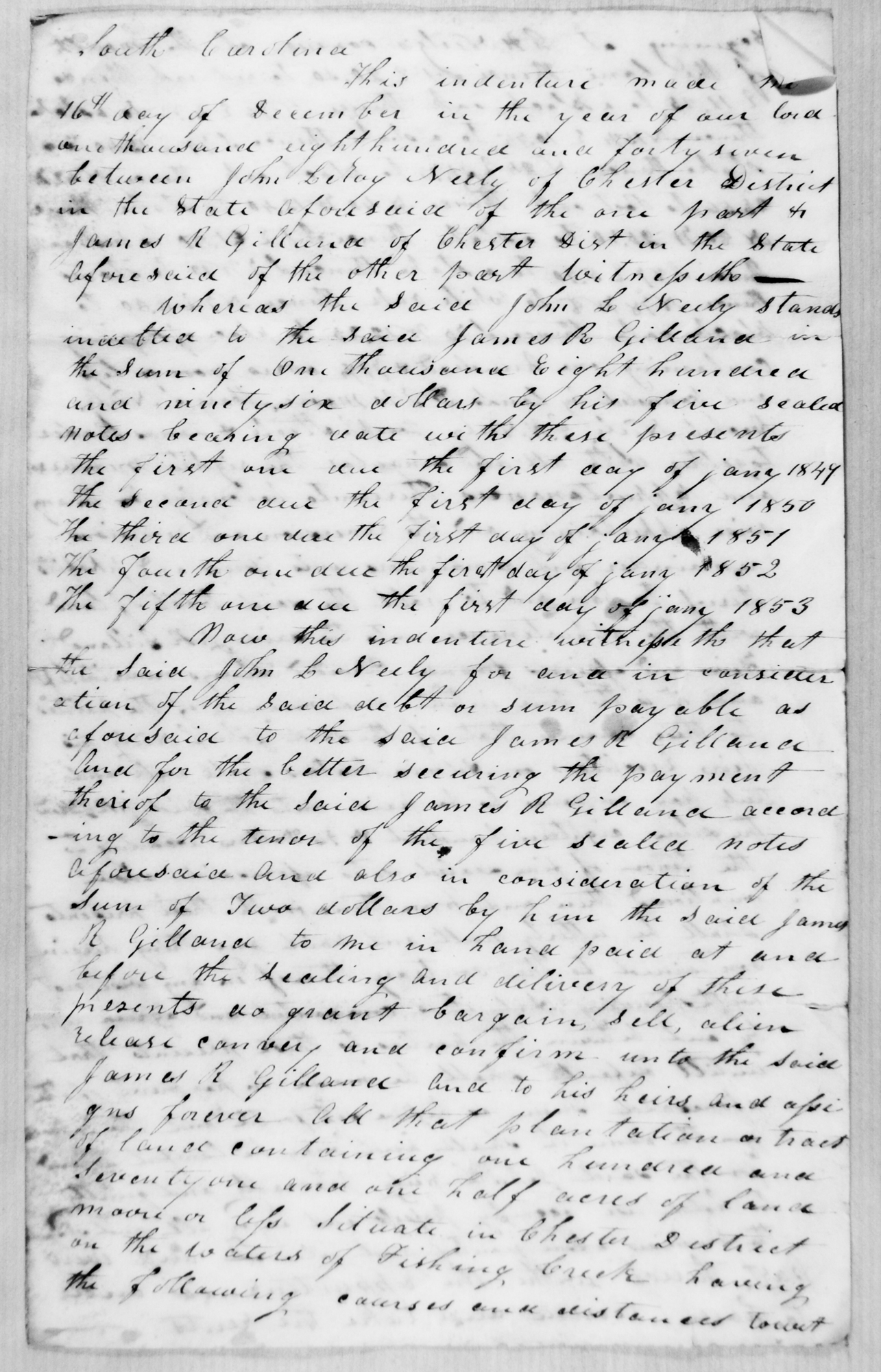 Note of debt from John Leroy Neely to James R. Gilland of Chester Co., 