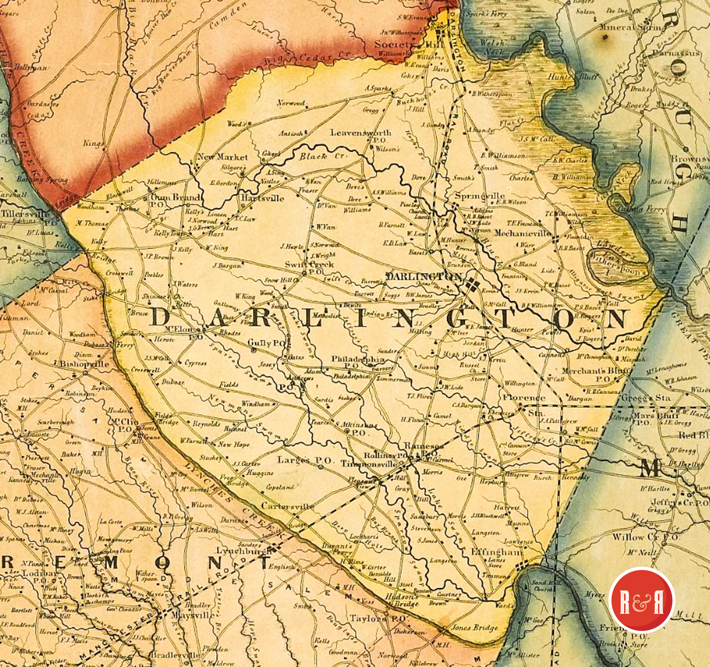 COLTON'S 1854 MAP OF DARLINGTON COUNTY - ENLARGED