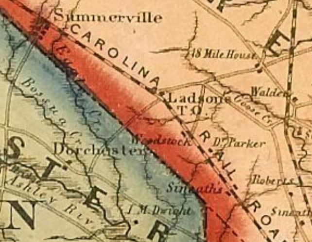Mid 19th century railroad map showing the Carolina Railroad coming through Ladson's Turnout and Summerville, S.C.