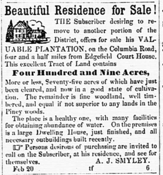 S.M. Smyley advertised plantation for sale in 1856 - Edgefield Advertiser