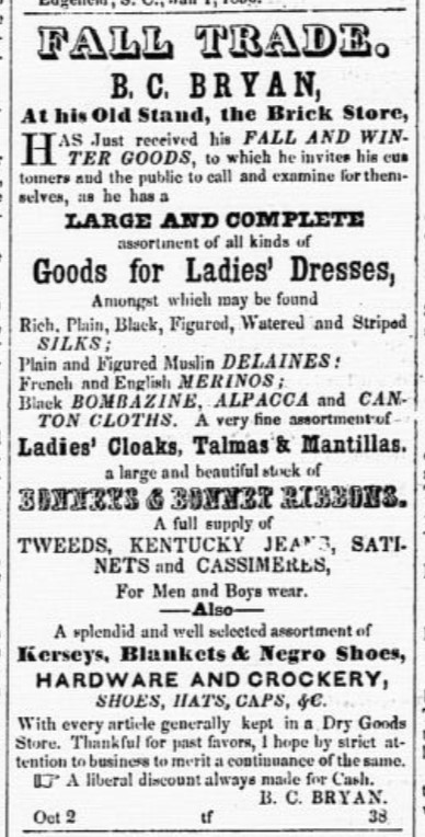1856 ad by Mr. Byran in the Edgefield Advertiser