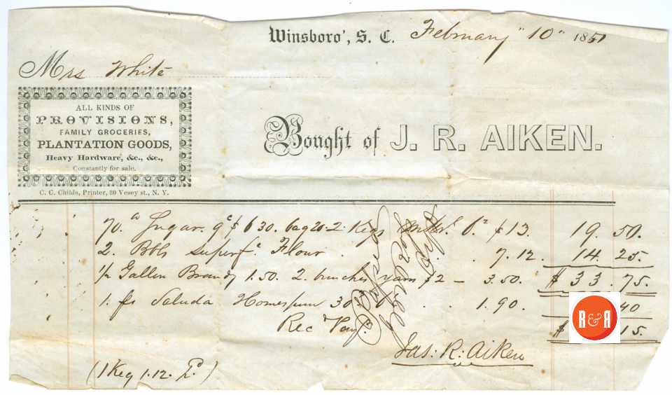 Receipt for goods/ food staples purchased by Mrs. Ann H. White of Rock Hill, S.C. in 1851 – Courtesy of the White Family Collection/HRH 2008
