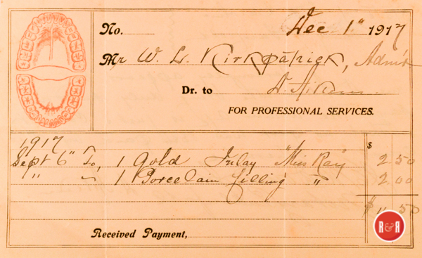 Receipt from the dental office of Dr. Aiken for $4.50, in 1917.  Courtesy of the Kirkpatrick Collection - 2018
