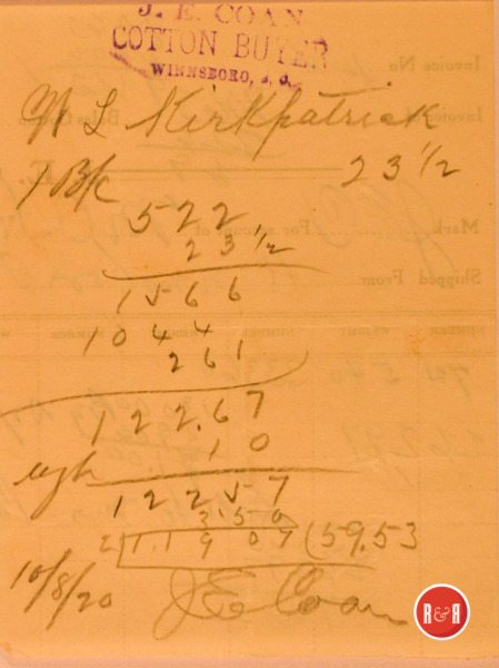 Receipt for purchase of cotton from W.L. Kirkpatrick to the firm of J.E. Coan, 10.8.1920.  Courtesy of the Kirkpatrick Family Collection - 2018