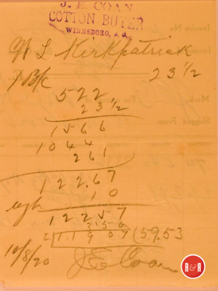 Receipt for purchase of cotton from W.L. Kirkpatrick to the firm of J.E. Coan, 10.8.1920. Courtesy of the Kirkpatrick Family Collection - 2018