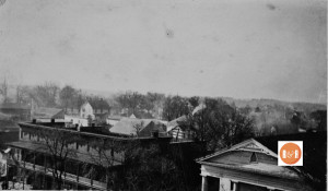 Looking south from the City Clock tower toward the back of the Harden's homes. Courtesy of the Van Center Collection.