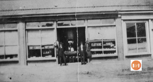 A view of two businesses operating at this location in the early 20th century. The images shows the W.A. Hood & Co., store selling dry goods and notions to the center. Off to the right end is the Bank of Fairfield. Image courtesy of the Van Center Collection