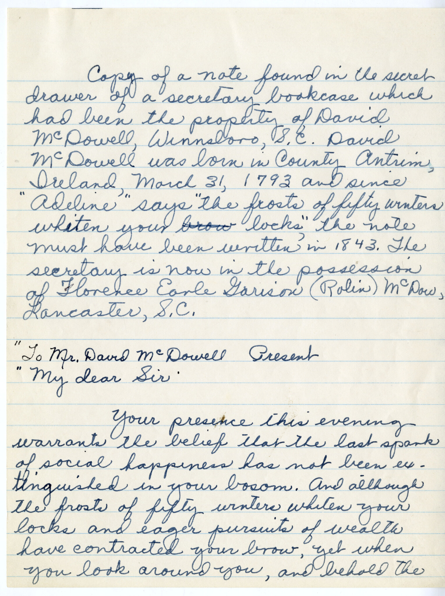 NOTES BY DAVID MCDOWELL OR WINNSBORO, S.C. - WM. B. WHITE, JR. COLLECTION @ WU